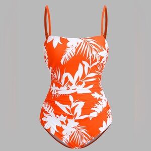 NWT Cupshe Tropical Floral Print Strappy Back One Piece Swimsuit Orange Sz M